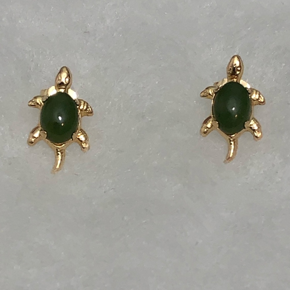 Turtles Green Jade Stud Earrings 14K Solid Yellow Gold